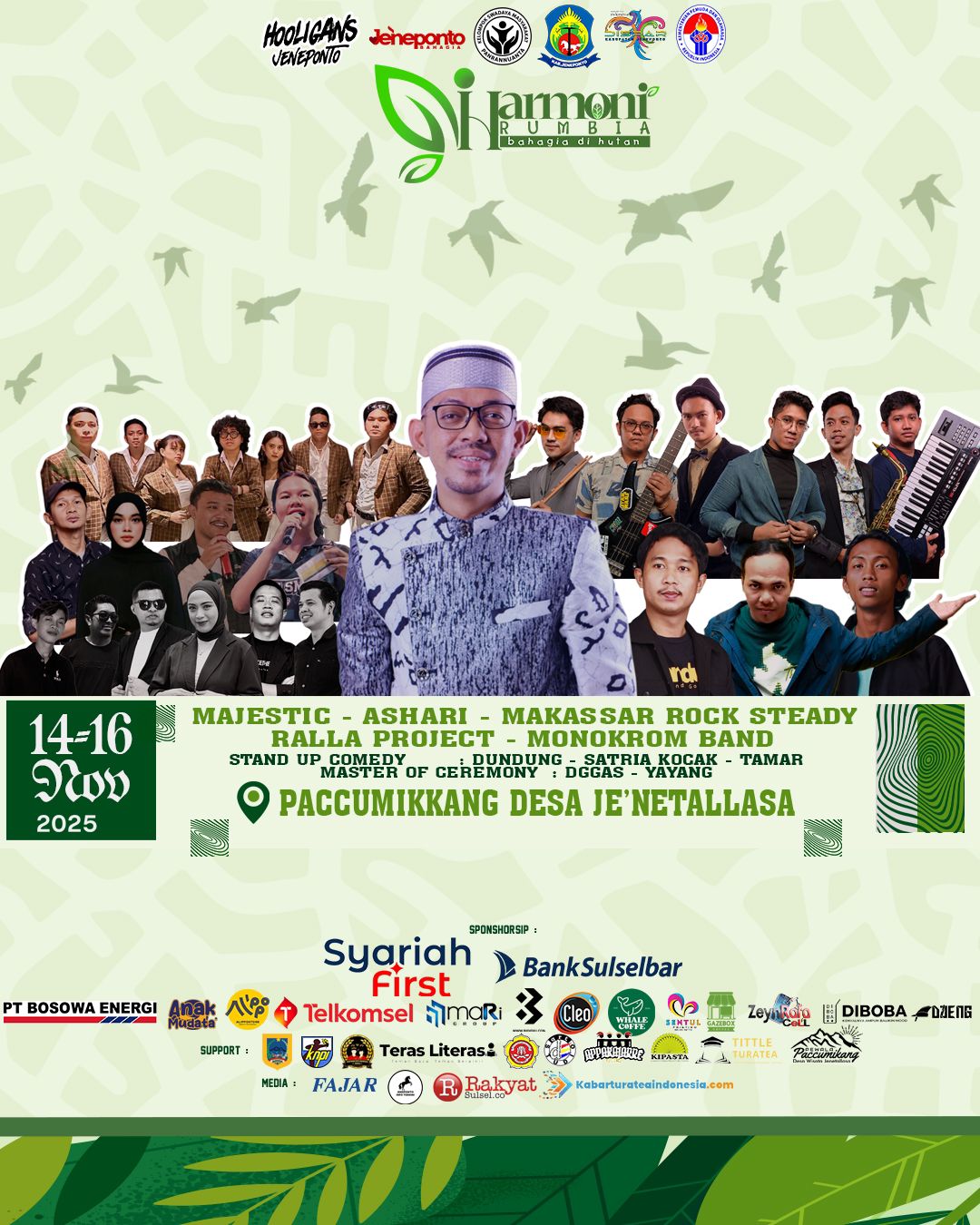 Poster resmi Harmoni Rumbia 2025 dengan tema Bahagia di Hutan, menampilkan para musisi, sponsor, dan penanggung jawab Al Animul Fadhil R. Ilyas.